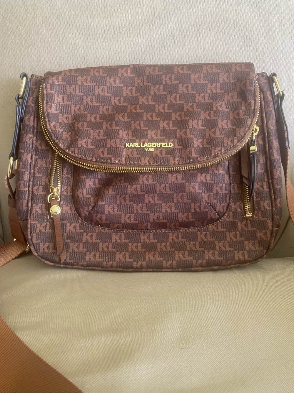 Karl Lagerfeld Brown KL Monogram Water Resistant Crossbody w Gold Hardware